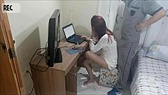 Redhead teen gets voyeur cum on ass from horny repairman