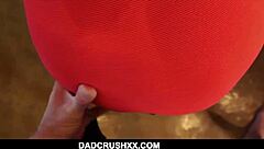 Cute blonde teen dons stepmom's clothes to seduce dad in kitchen POV