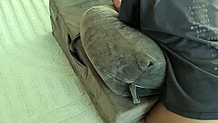 brunette babe bent over doggystyle, cum drips unnoticed on back