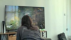 brunette babe bent over doggystyle, cum drips unnoticed on back