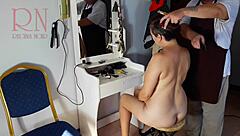 Nude barbershop camera catches hairdresser stripping curvy client