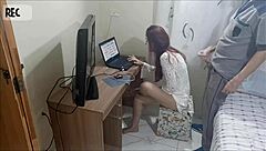 Redhead teen gets voyeur cum on ass from horny repairman