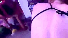 Blonde babe rides monster cock in g-string pov creampie