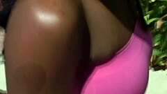 Stunning ebony beauty shakes massive natural tits seductively close