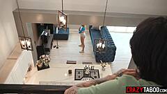 Stepsis stretches tight while bro spies then gives sloppy handjob