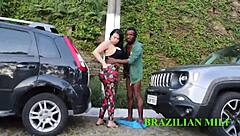 Valet fucks busty milf boss on street in sheer red?
