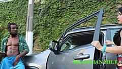 Valet fucks busty milf boss on street in sheer red?