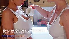 Emily bright's big tits blonde lesbian facesitting orgasm in sauna