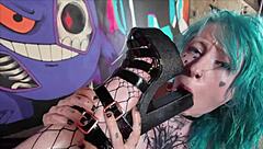 Submissive emo begs tattooed mistress for lesbian strapon fuck