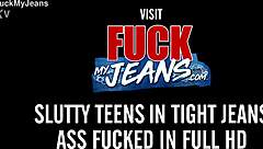 Petite Brunette's Tight Asshole Split by Rough Jeans Anal Pounding