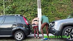 Valet fucks busty milf boss on street in sheer red?