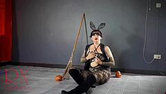 Regina Noir Halloween Witch Pantyhose Stairway Tease