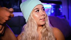 Blonde babe sucks cock like horny fan whore