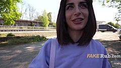 Ultra pretty italian flashes pussy on public street!