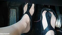 German mature pumps nylon feet in birkenstocks car closeup