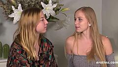 Blonde Lesbian Fingers Tattooed Friend's Shaved Wet Pussy