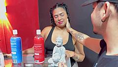 Horny vendor shows off all her toys for wild play