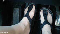 German mature pumps nylon feet in birkenstocks car closeup