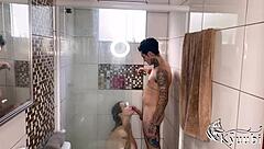 young stud loses control devours tattooed blonde bombshell in shower