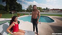 oiled poolside babe sunbathes into wild cock sucking riding cowgirl fucking reality kings