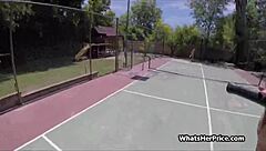 Teen finishes tennis on cock for quick cash outdoors
