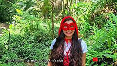 the farmer finds sexy Brazilian brunette in red riding hood costume craving his huge cock ride