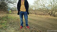 Exhibitionist stranger in pantyhose cant resist hard cock from random forest voyeur