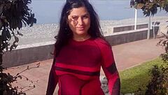 cute brunette big tits naked bent over public beach