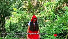the farmer finds sexy Brazilian brunette in red riding hood costume craving his huge cock ride