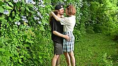 mysterious village girl ravished in lush hydrangea garden outdoors