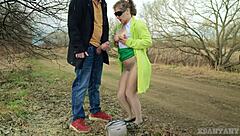 Exhibitionist stranger in pantyhose cant resist hard cock from random forest voyeur