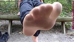 Holy Fuck! Sexy German Nylon Feet Toes Lifted Public Outdoor Forest Voyeur!