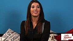 British CFNM brunette humiliates sofa voyeur with upskirt tease