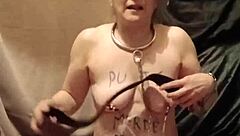 french slave humiliated in autoseance with piss belt and bondage session