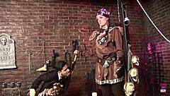 Brunette cosplays Indian fuck doll pounded in BDSM shop