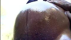 Barefoot pregnant ebony babe rides monster cock cowgirl then takes anal pounding outdoors