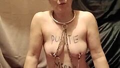french slave humiliated in autoseance with piss belt and bondage session