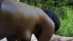 Barefoot pregnant ebony babe rides monster cock cowgirl then takes anal pounding outdoors
