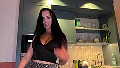 hot milf in miniskirt and leather boots slurps massive cock sloppily in kitchen