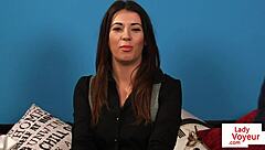 British CFNM brunette humiliates sofa voyeur with upskirt tease