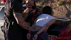 young stunners handcuffed for intense police officer interrogation session