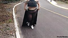Priscila struts streets in see-through skirt no panties
