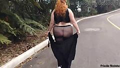 Priscila struts streets in see-through skirt no panties