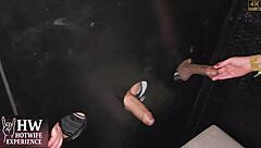 what's this naughty wife doing? glory hole gangbang while hubby jerks off!