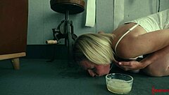 depraved pawg rebel rhyder slurps massive saved cum from boots ass and floor