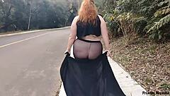 Priscila struts streets in see-through skirt no panties