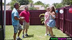 Petite teens ride old men in group orgy