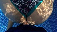 found a stranger with huge ass masturbating by pool, swapped her toy for real cock