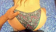 found a stranger with huge ass masturbating by pool, swapped her toy for real cock
