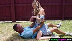 Petite teens ride old men in group orgy